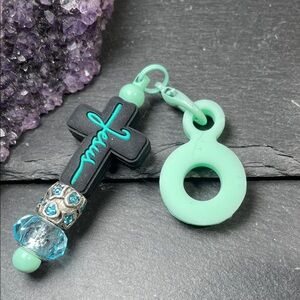 Mint & Black Beaded Cross Straw Bling Charm For Large Stanley Style Cups
